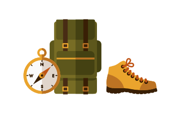 Travel Icon of backpack, compass and boots